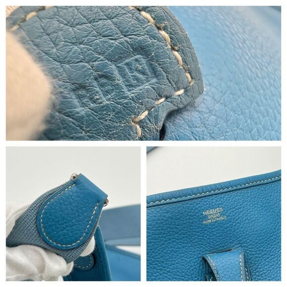 Authentic HERMES Evelyn PM I Blue Jean Clemence Leather Shoulder Bag - Picture 7 of 9